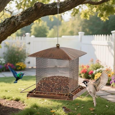 Large Capacity Garden Bird Feeder Heavy Duty Iron Bird Food Bowl Squirrel Proof Hanging Parrot Feeding Station Outdoors