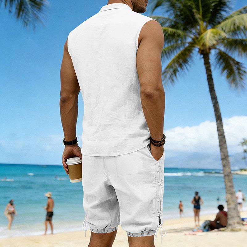 Men's Linen Plus Size Sleeveless Stand Collar Jogger Shorts Set with Drawstring