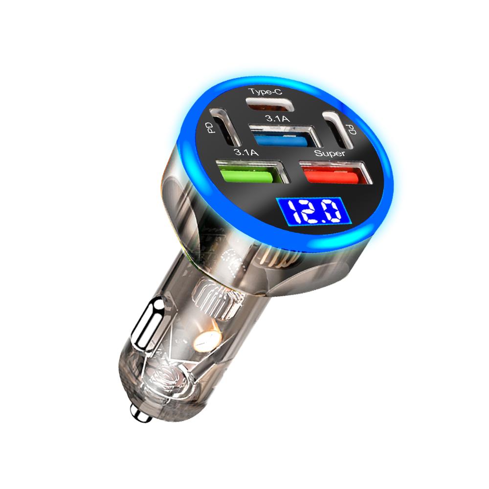 

3 USB 2 PD 200W Автомобильное зарядное устройство Type C Быстрая зарядка светодиодный цифровой дисплей Автомобильный адаптер для мобильного телефона для iPhone Samsung Huawei Xiaomi прозрачный