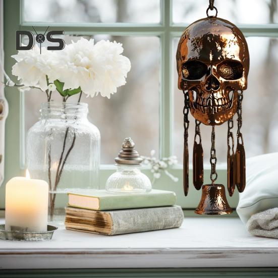 Gothic Schädel Windspiel Wetterfest Innen Außen Garten Terrasse Metall Vintage Schädel Hängende Windglocke Halloween Dekoration Ornament