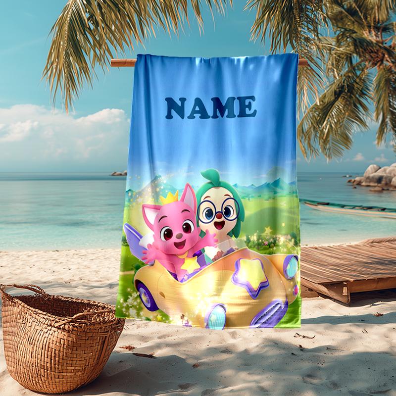 Custom Name Ultra-Soft Beach Towel with Pinkfong Wonderstar Theme,Ideal for Pool - Camping, Diving - Perfect Travel Essential, Vibrant Beach Towel.