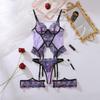 Women'S Hot Sexy Purple Floral Embroidery Lingerie Sets With Garter Belts Three Pieces Exotic Underwear Mesh Lace Bra And Panty