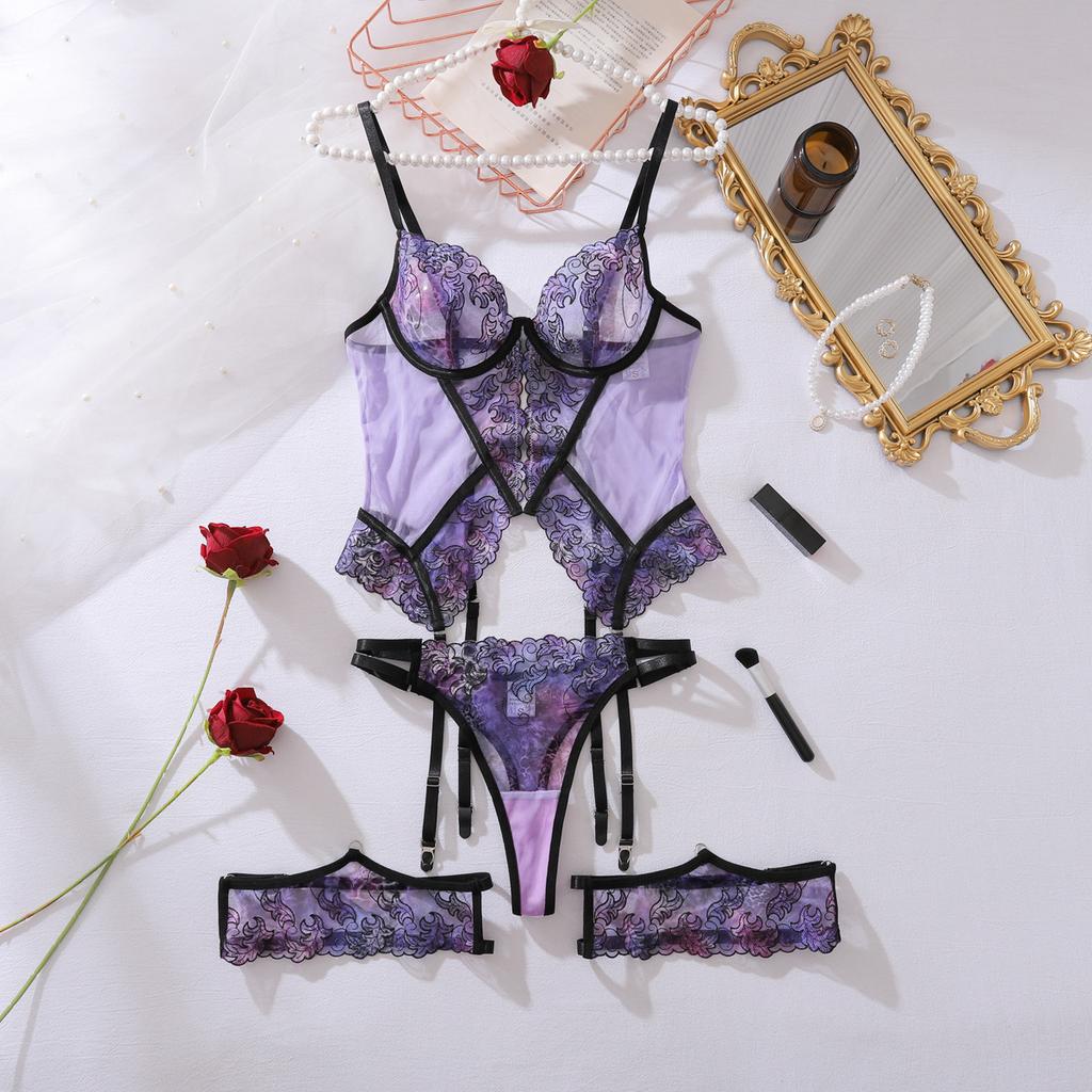 Women'S Hot Sexy Purple Floral Embroidery Lingerie Sets With Garter Belts Three Pieces Exotic Underwear Mesh Lace Bra And Panty