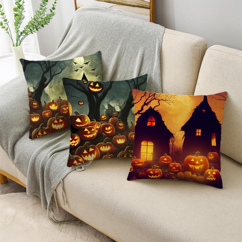 Fashion Halloween Scary Night Moon Pumpkin Lantern Linen Throw Pillowcase Decorative Cushion Cover For Sofa Living Room Party