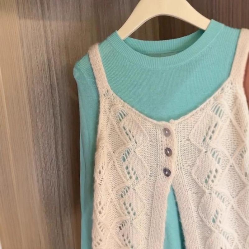 Autumn wear vest knitted vest suspenders stacked green inner bottoming shirt top women's two-piece suit