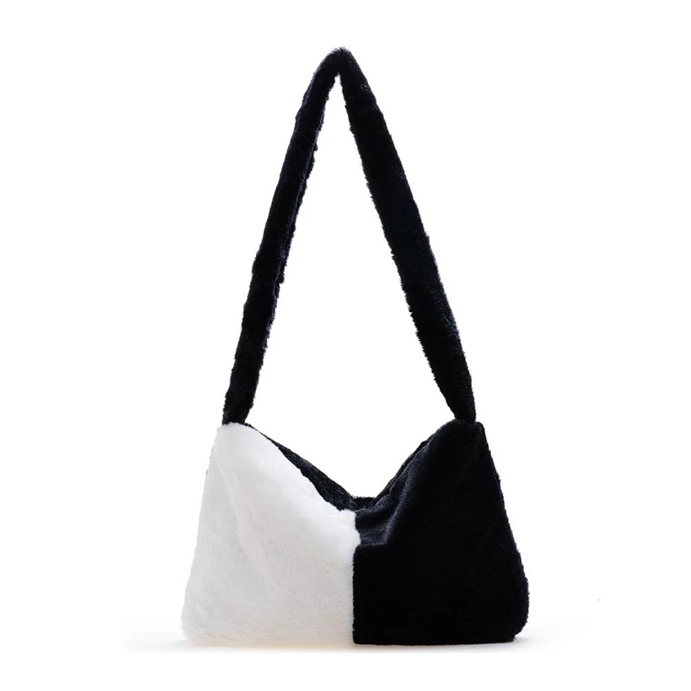 Women Bag Autumn Winter Flower Printed Underarm Bag Fluffy Tote Bag Plush Soft Handbags Ladies Large Capacity Furry Shoulder Bag