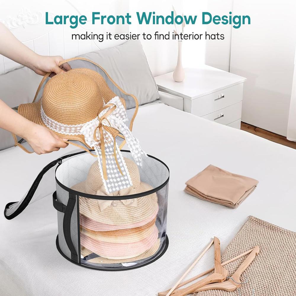 Transparent Hat Storage Box Hat Box Organizer with Zipper Closure Hat Storage Bucket, Foldable Round Brim Hat Storage Bag
