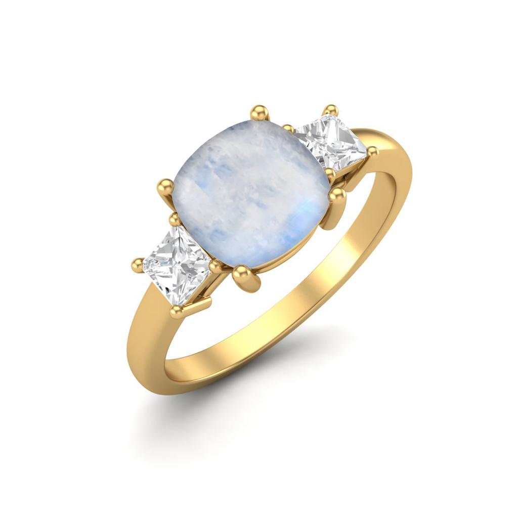 925 Sterling Silver Gold Vermeil 7 MM Cushion Shape Moonstone Three Stone Engagement Women Ring