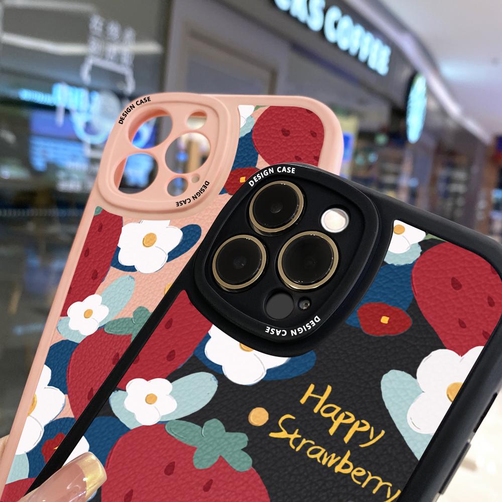 Slim Skin Feeling Cartoon Flower Strawberry Soft Silicone PU Leather Cover Phone Case for iPhone Samsung Huawei Honor Xiaomi Redmi OPPO Realme Vivo