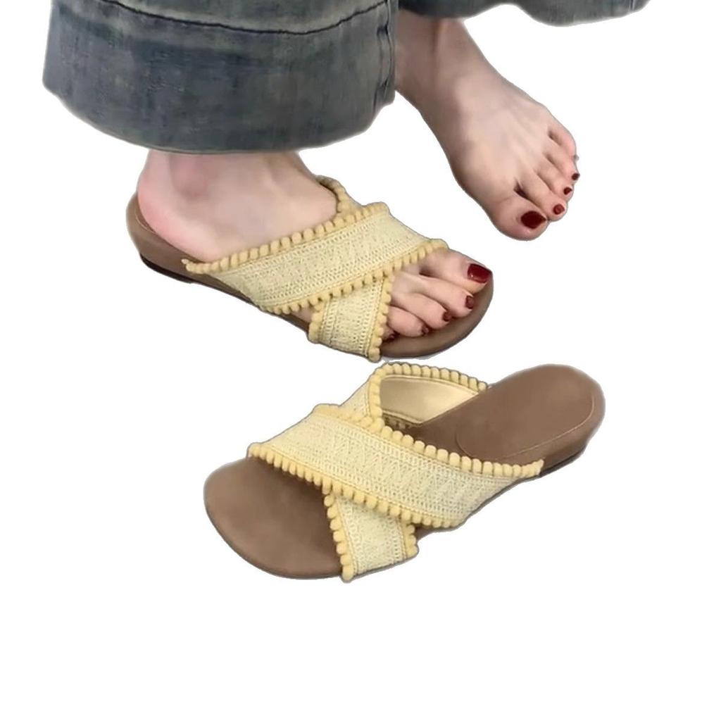 Sheepskin Edition~ Thick Bottom Wedge Heel Woven Cross Strap Roman Slippers Wear Bohemian Holiday Beach Cool Slippers