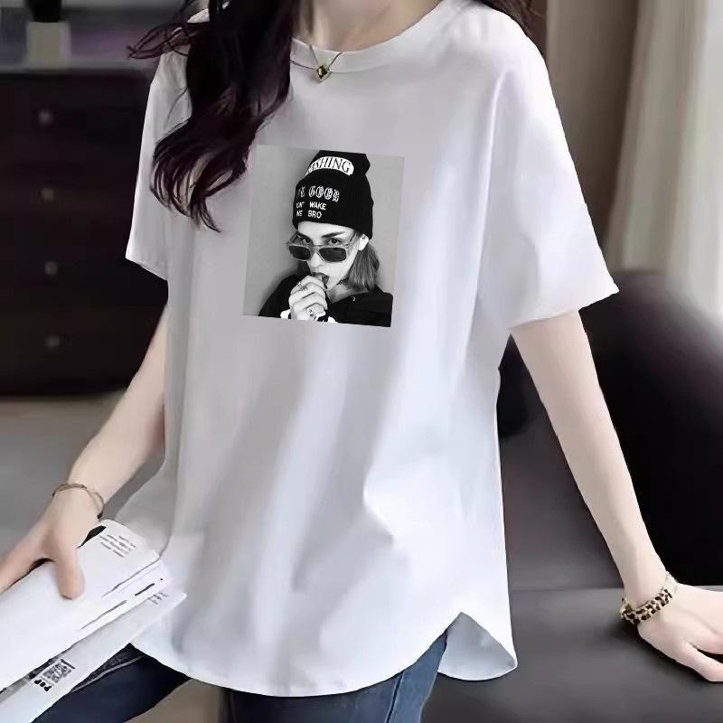 2025 Women's American Style Pure Cotton Loose Mid-Length Straight Shoulder Half Sleeve Summer T-Shirt
