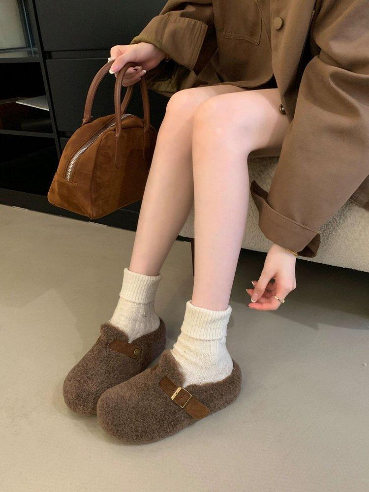 2025 new belt buckle thick-soled imitation lamb wool cotton slippers outer wear bag head fluff half-drag warm women's shoes slippers