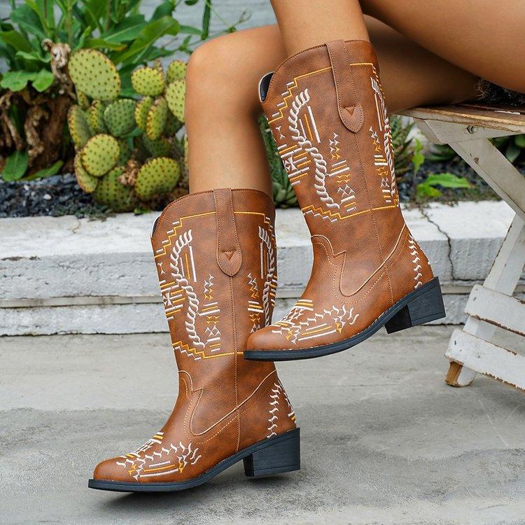 Large size thick-heeled boots for women's autumn and winter new western cowboy romantic high boots for women