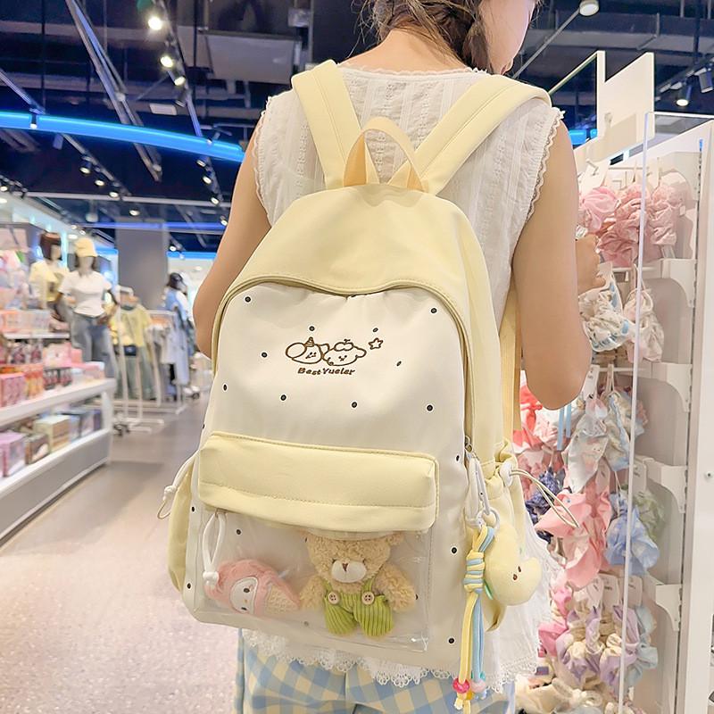 Süße Farbblock-Punkte-Cartoon-Kaninchen-Muster Schultasche Mit Anhänger Für Reisen Und Schule