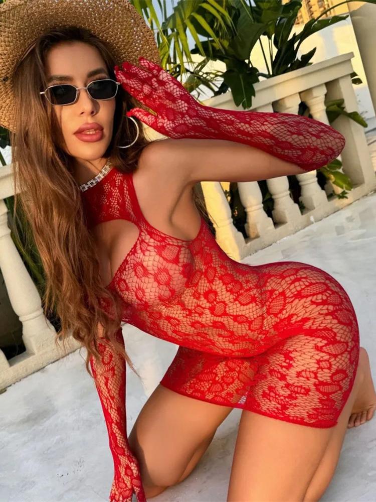 Red Hollow Women Dress New Fashion Sexy Sheer Sexy Dress Beach Club Mesh Cutout Mini Dress Y2K Skinny Night Dress Hot Bodycon