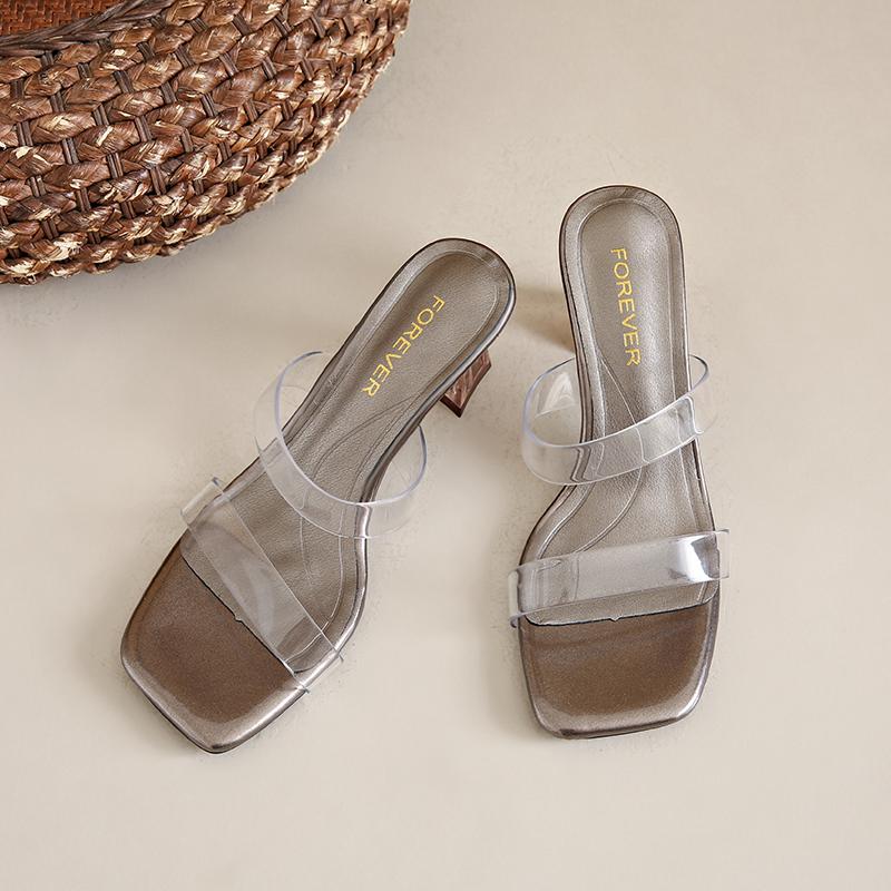 Fashion High-heeled Slippers for Women's Outward Wear Summer New Transparent Square Head with Legs Long Crystal Thin Heel Cool Mat