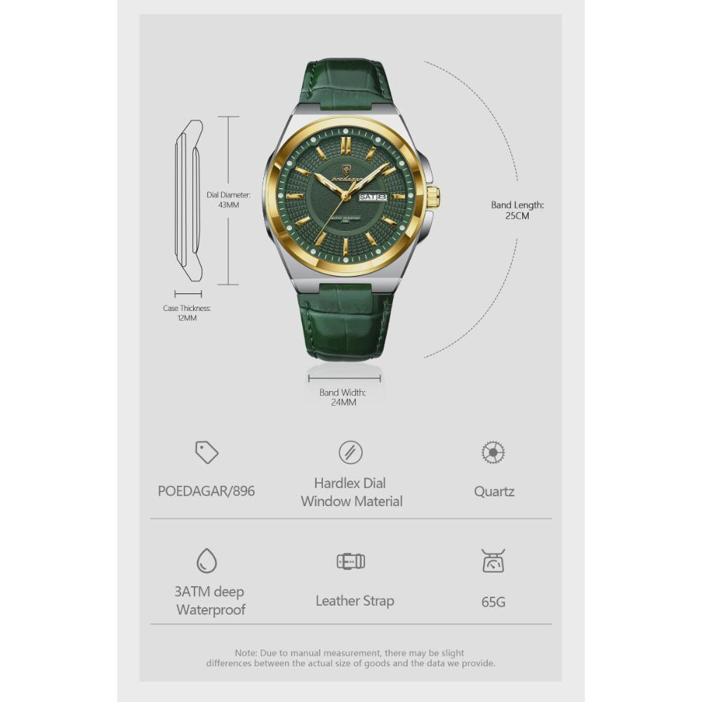 POEDAGAR Luxury Fashion Man Wristwatch Waterproof Luminous Date Week Big Dial Quartz Men's Watches Casual Leather Men Watch