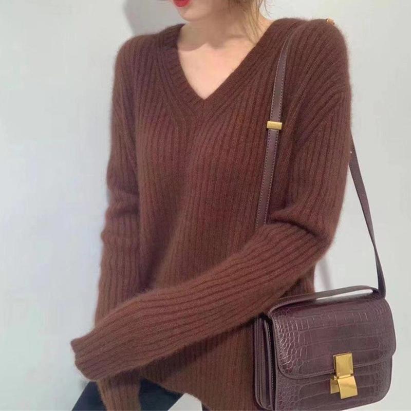 

Женский свободный свитер с v-образным вырезом, однотонный пуловер, вязаный топ One size коричневый