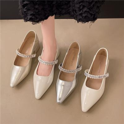 Baotou Rhinestone Word with Sandals Women's Summer New Pointed Empty Single Shoes Thick Heel Mary Jane Shoes