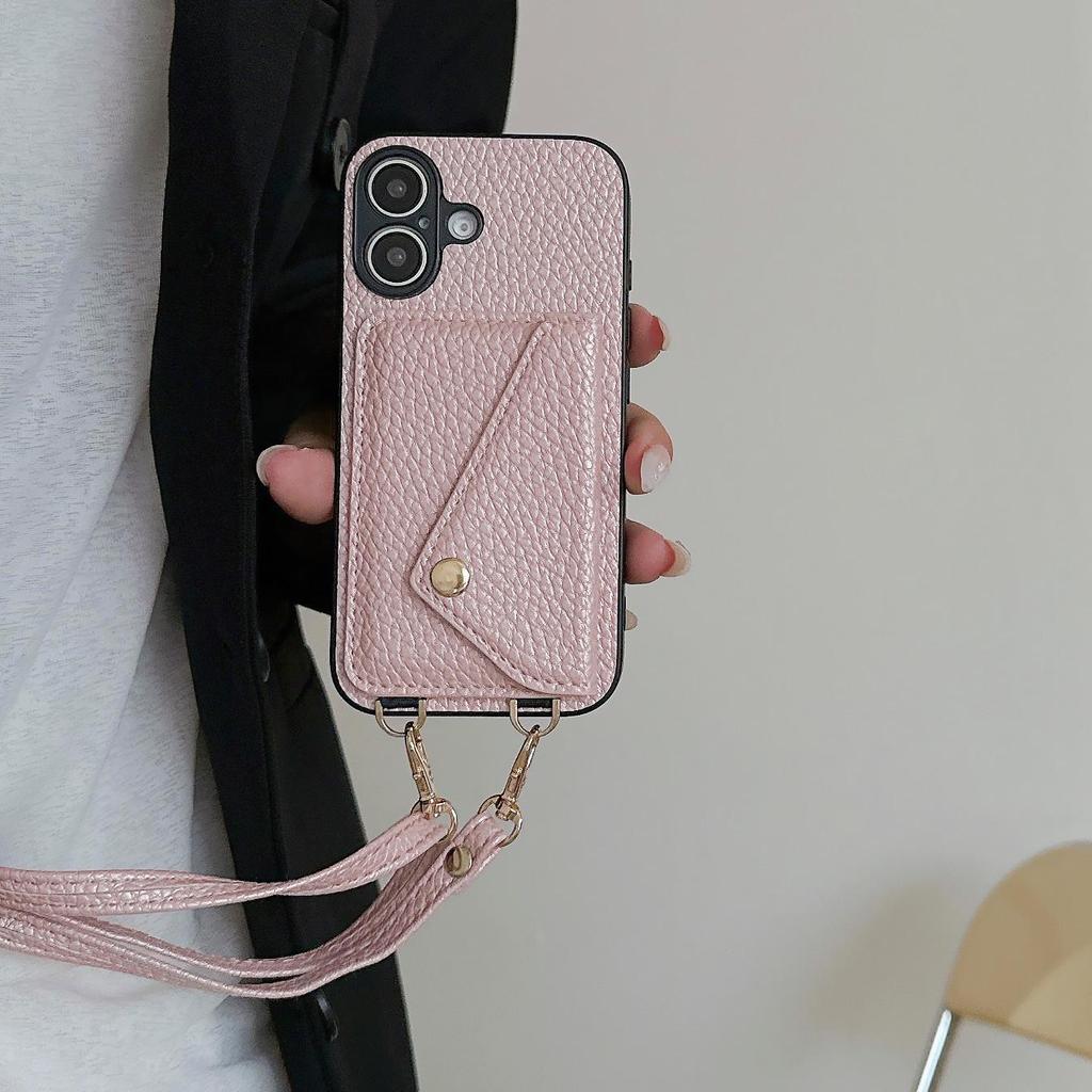 iPhone 17 Case: Lychee Pattern Leather Crossbody Lanyard Card Holder Protective Case for Apple 14 Pro