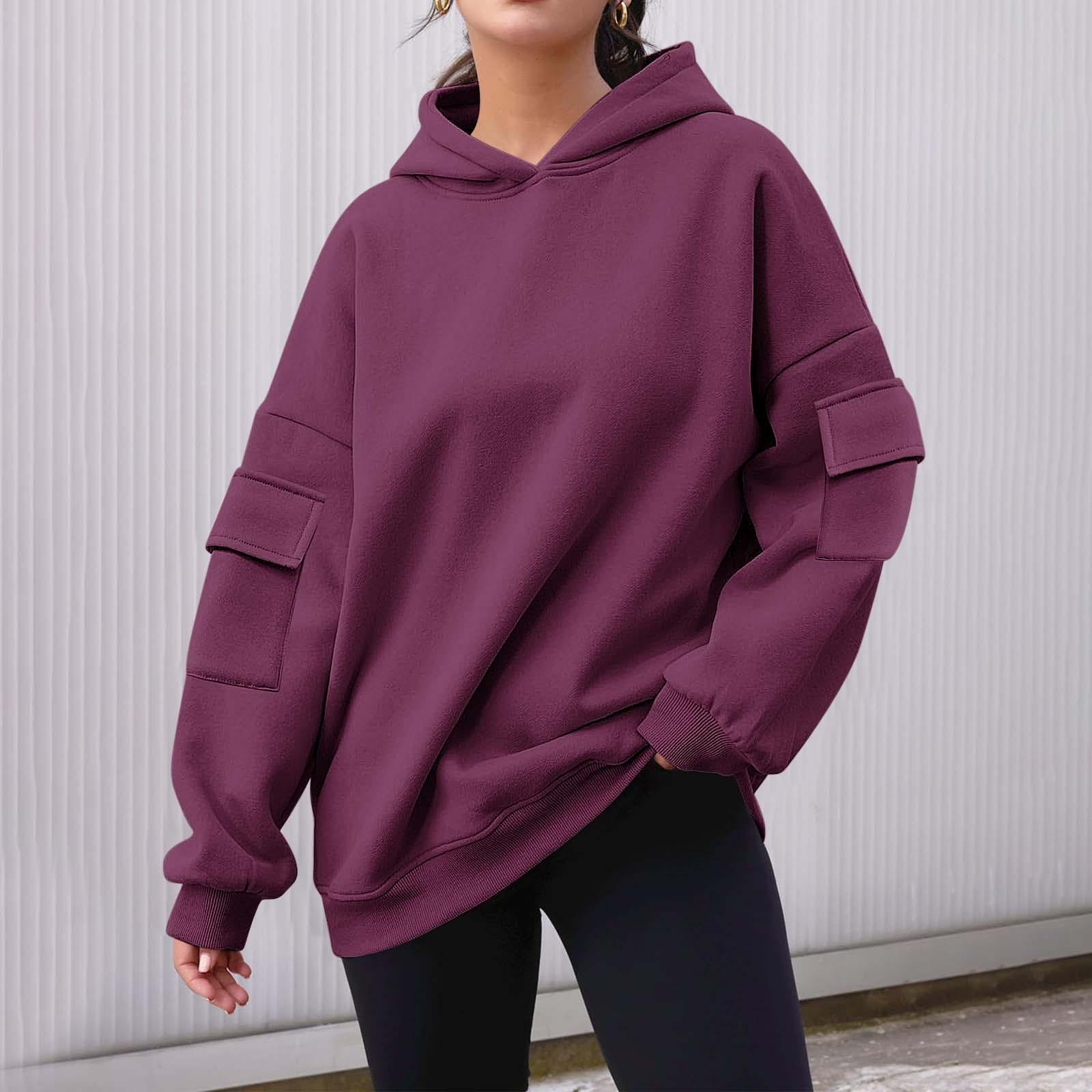 

Женские свитшоты оверсайз, флисовые толстовки с длинным рукавом, осенние наряды с карманом L винный