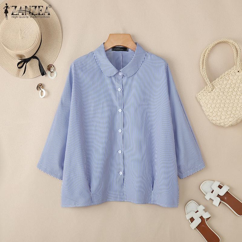 ZANZEA Women Casual Doll Collar 3/4 Sleeve Loose Stripe Blouse