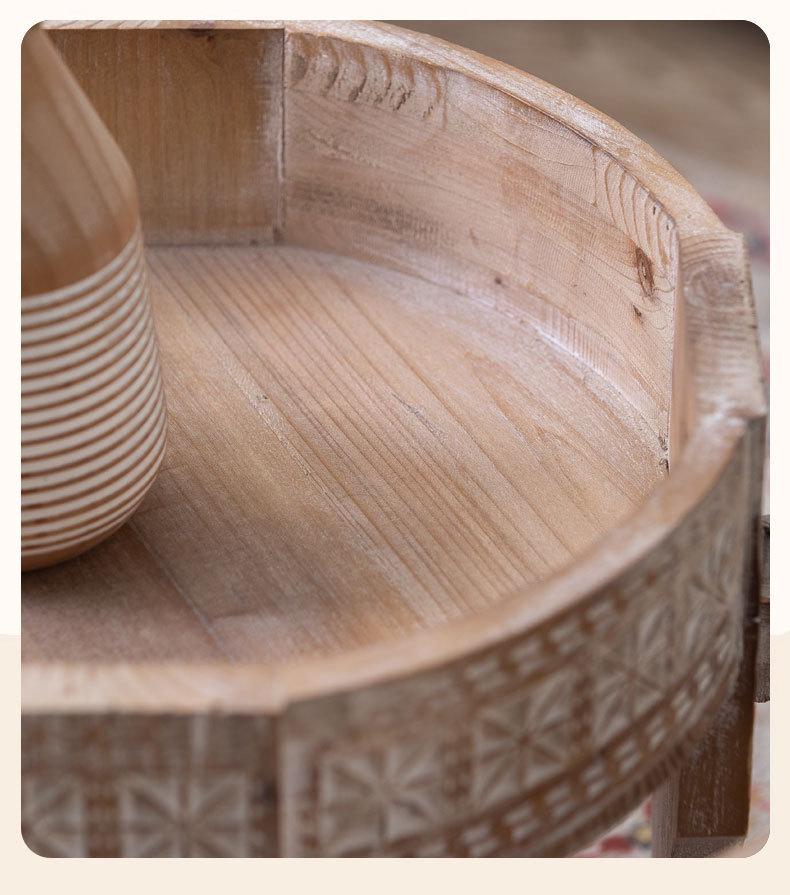 American Retro Round Side Table: Solid Wood Carved Coffee Table for Hotel or Homestay Décor