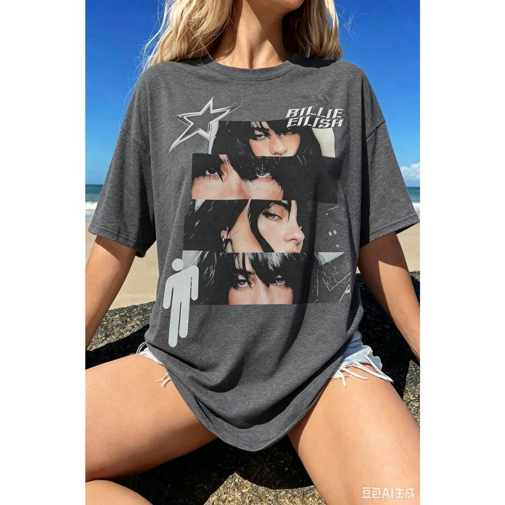 Billie Eilish Block Portrait T-shirt Men Women Oversized Streetwear Y2k Round Neck Short Sleeve High Street Harajuku High Quality Female Male Clothing