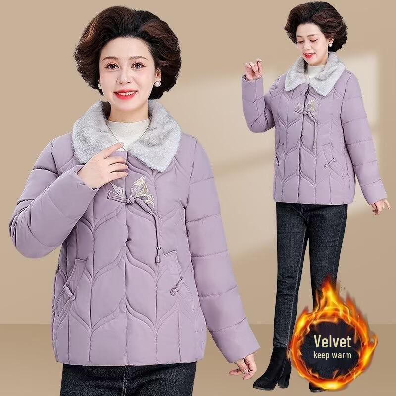 Middle-Aged Women's Winter Coat: Velvet Lined, Thick Cotton Jacket for Elderly, New Style Autumn/Winter Clothing.