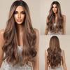 Long Water Wave Synthetic Wigs with Bangs Natural Ginger Brown Loose Curly Wavy Wig for Black White Women Heat Resistant Daily