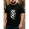 European size A Stylish Short-Sleeved Shirt Featuring a Lucky Oriental Black Dragon Totem for Men, Designed with a Loose Round Neck for Comfort.