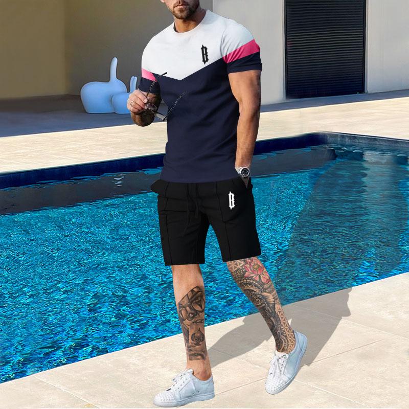 

Summer Men s Sports Casual Round Neck Short Sleeve T-Shirt Set Men s Stitching High Quality Two-piece Set