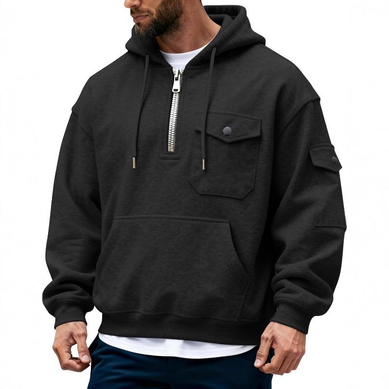 

New Autumn Winter Men s Sweatshirt Multi Pocket Hooded Long-sleeved Velvet Jacket Top Casual Sports M чорний