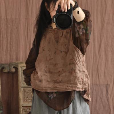 Mulheres Vintage O-pescoço Sem Mangas Regatas Estampadas Floral Tops Primavera Mulheres Estilo Chinês Mulheres Ramie Regatas