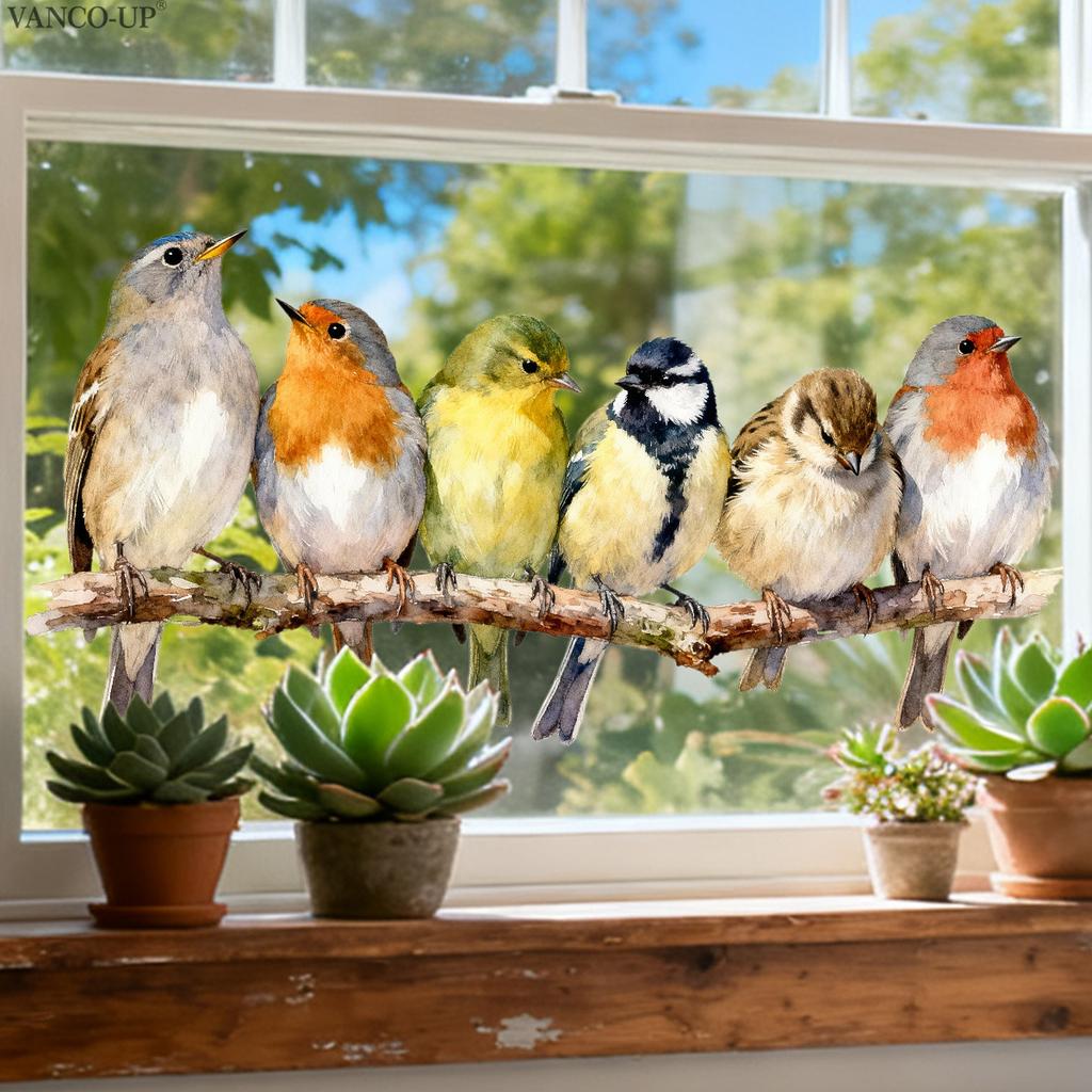 Static Cling Window Stickers Cartoon Birds on Branch Two Way Visible for Home Glass Cabinet Decor