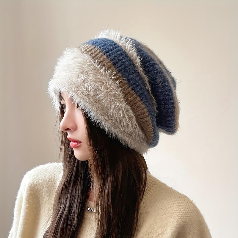 Women's Winter Chunky Knit Beanie - 100% Acrylic Plush Lined Elastic Slouchy Hat, Lightweight Thermal Warmth, No Brim Cap for Daily Wear