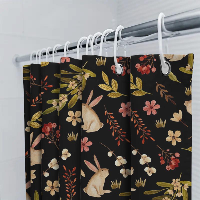 Animal Floral Shower Curtain: Watercolor Rabbit Flower Bath Decoration For Bathroom Decor Black Background With Pink Yellow Gree