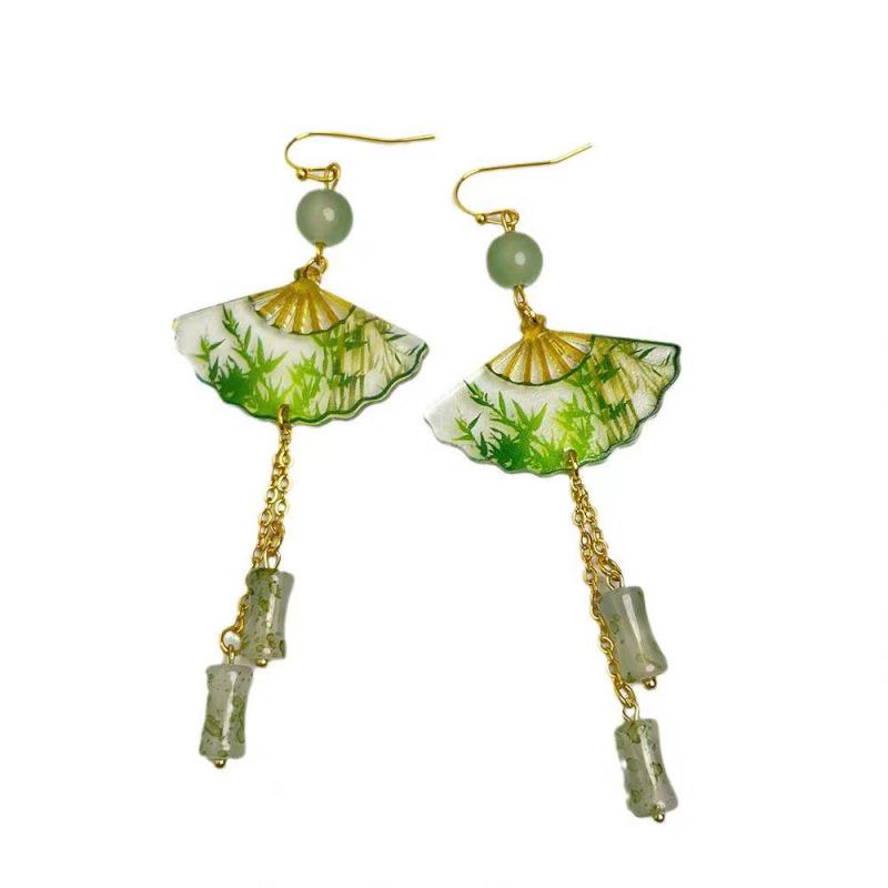 2024 Chinese Style Green Bamboo Transparent Folding Fan Earrings