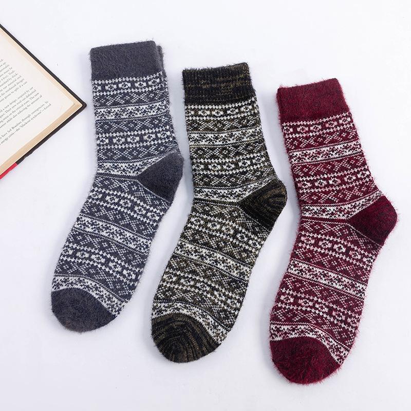 3 Paires de Chaussettes Montantes Chaudes Épaisses en Laine de Lapin Imitation Furets Style National Automne et Hiver pour Homme