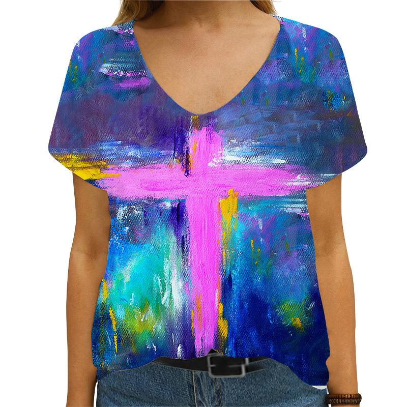 Women's Summer T-shirt 3D Cross Print Women's V-neck Short Sleeved T-shirt
