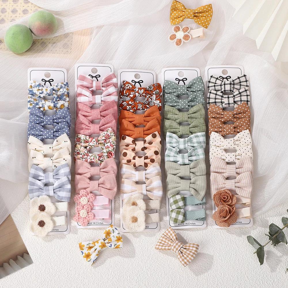 RAINBOW BOWS 10Pcs/set Handmade Fabric Printed Barrette Boutique Mini Bangs Bow Hair Clip Ins Daisy Hairgripes  Spring Style