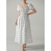 Women Floral Print Midi Dress Square Neck Puff Sleeve High Waist Casual Elegant Summer Daily Party Dress