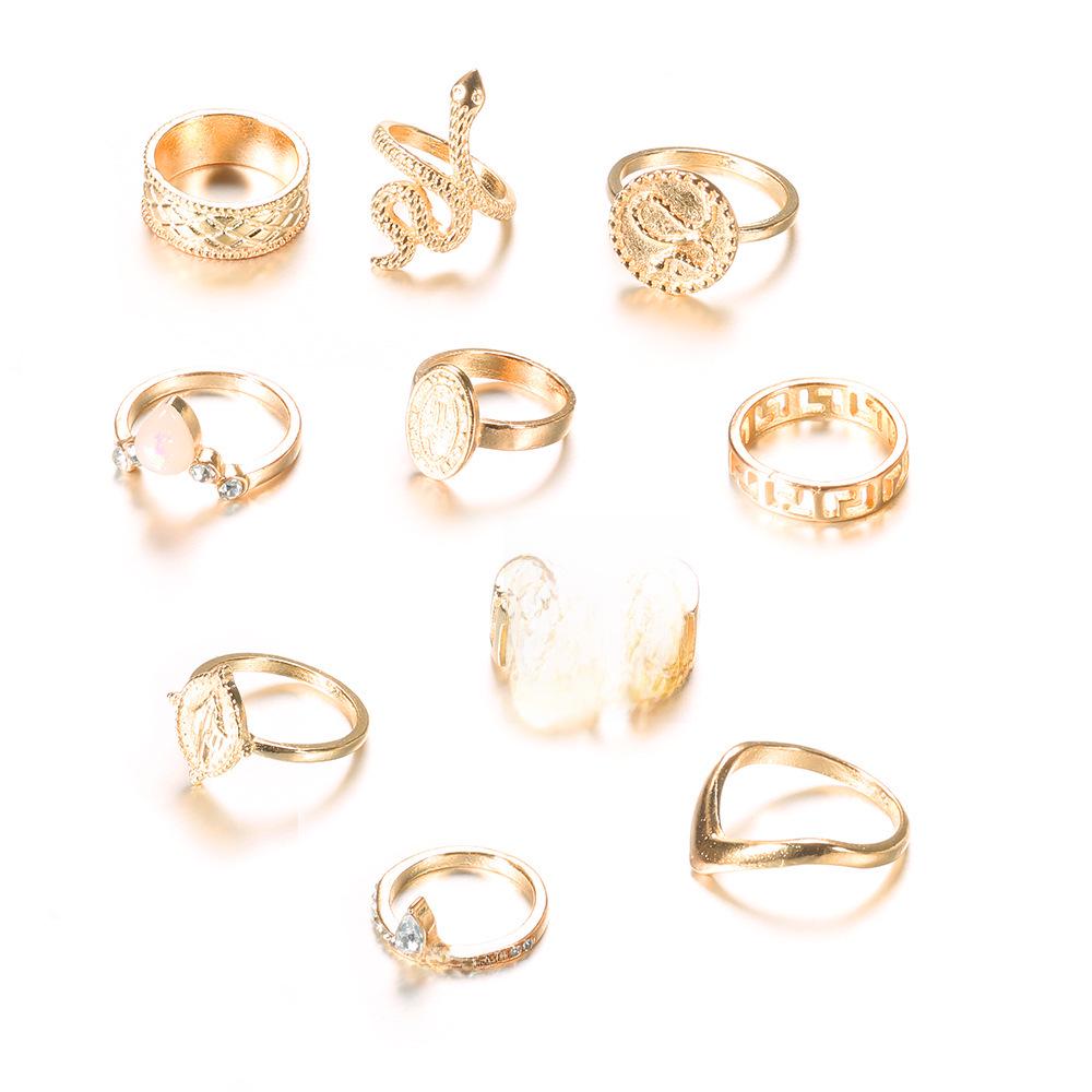 Przesadny Budda i Wąż Diamentowy 10-częściowy Zestaw Pierścionków, Gorąca Moda Europejska i Amerykańska