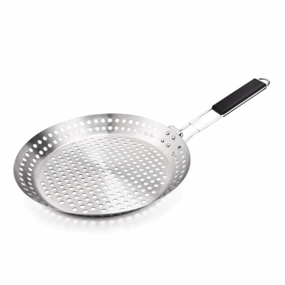 Circular BBQ Plate Folding Wood Handle Grill Fry Pan Roasting Grilling Skillet  Outdoor Barbecue Stainless Steel