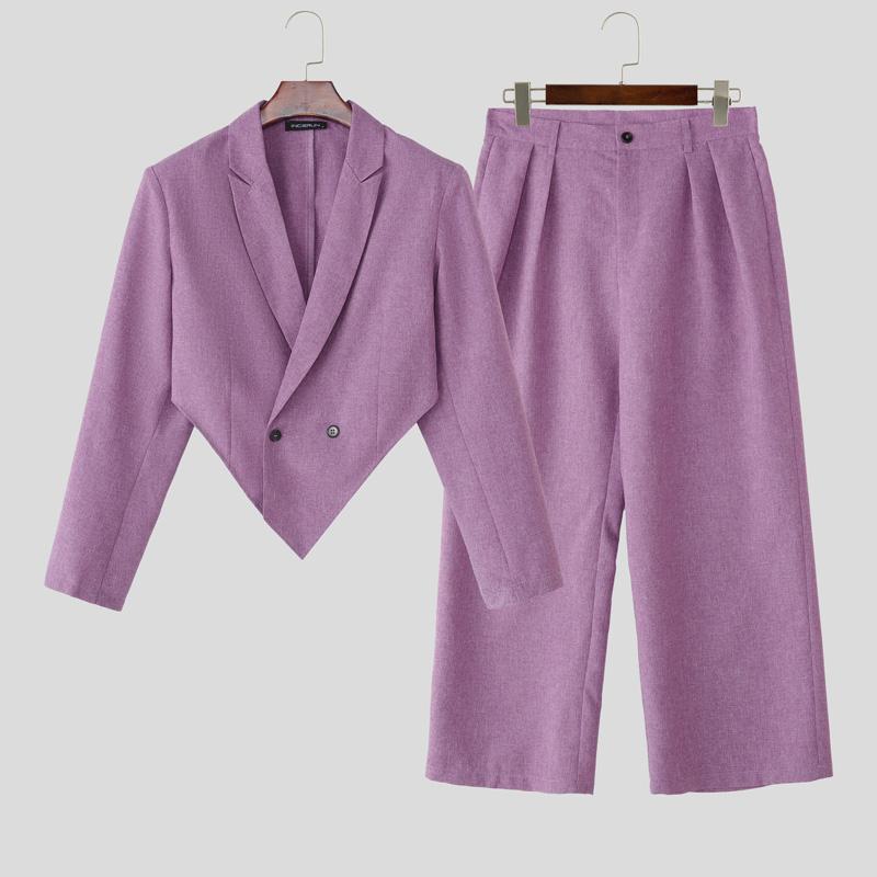 INCERUN 2PCS Men Long Sleeve Irregular Cropped Blazer and Long Pants Casual Loose Sets