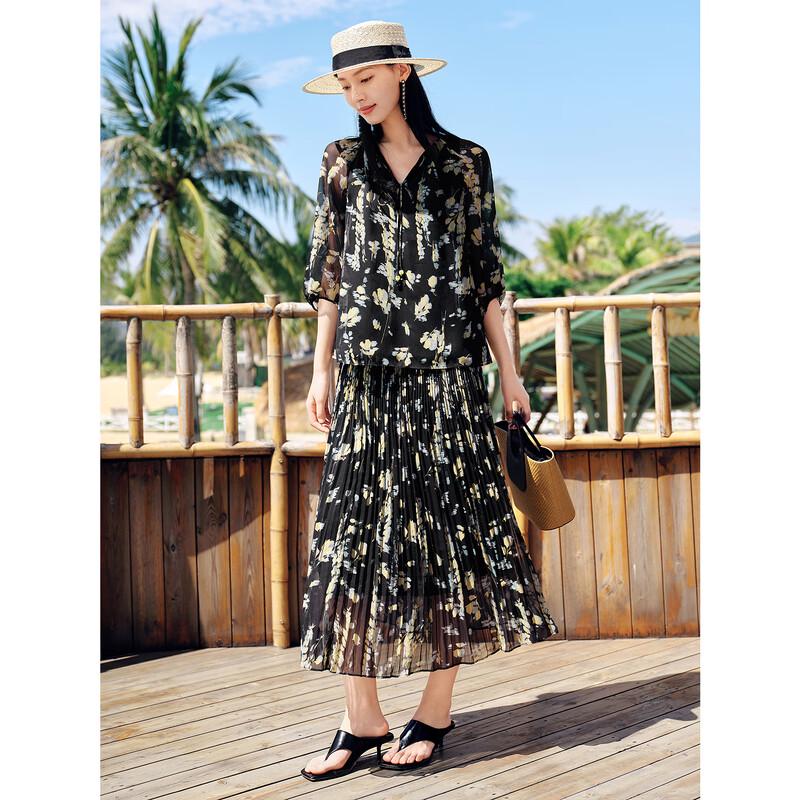 Juzui Annacore Elegant Botanical Print Tie-Front Chiffon 3/4 Sleeve Top M