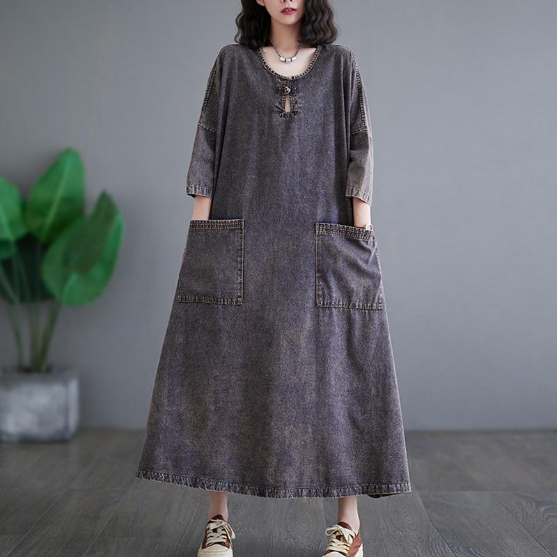 Vintage Style Denim Long Dress Loose Casual Fashionable Mid Long Women's Thin Dress Autumn Street Wear Women's Dress