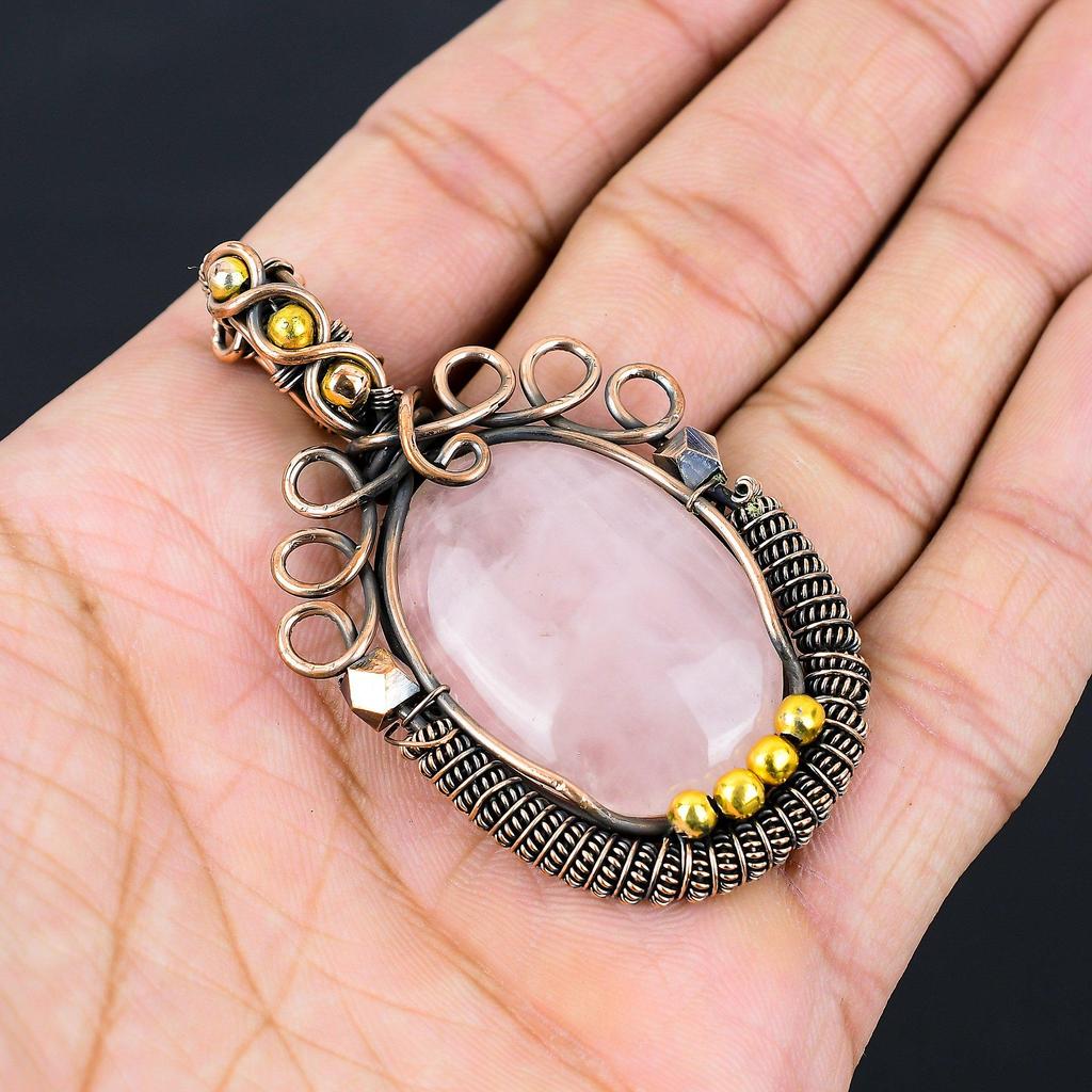 Rose Quartz Gemstone Pure Copper Wire Wrapped Handmade Pendant Jewelry For Gift