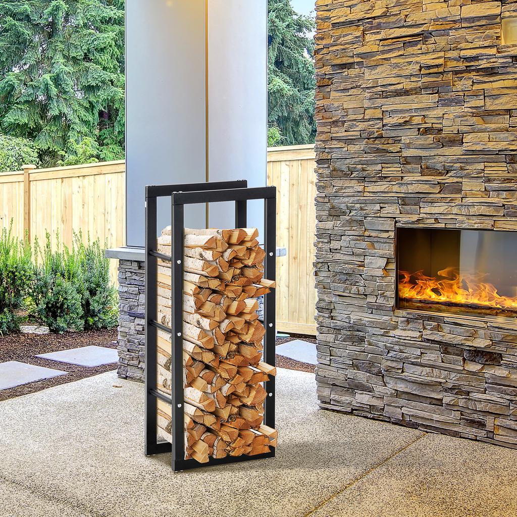 Metal Firewood Log Holder Tall Firewood Rack Indoor Outdoor Fireplace Wood Storage Shelf with Side Rails, Rust-Resistant, Black, 40W x 25D x 100H cm