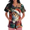 Clinical Uniform Women Gingerbread Santa Claus Print Christmas V-Neck Scrubs Women Fashion Short Sleeve Surgical Uniforms Top's